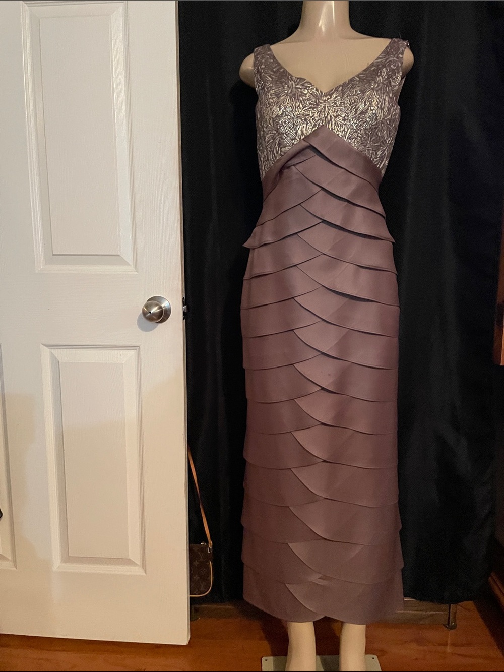 Embroidered V-Neck Layered Maxi Dress in Mauve